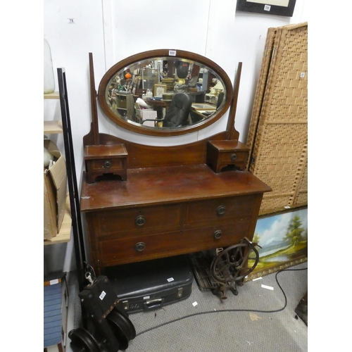 600 - An antique mahogany and inlay dressing table. Approx 106x158x58cm (including mirror)