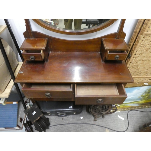 600 - An antique mahogany and inlay dressing table. Approx 106x158x58cm (including mirror)