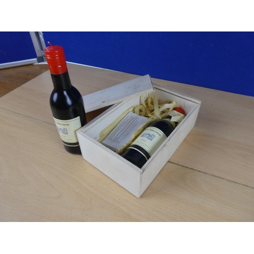 606 - A boxed candle set in the style of wine bottles.