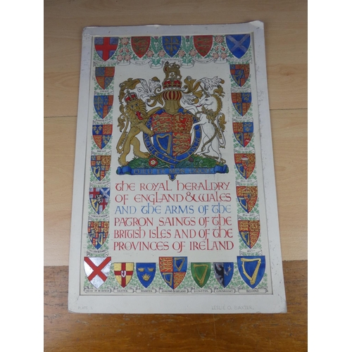 620 - An unframed hand coloured copy of the royal heraldry coats or arms, Approx 38x56cm.