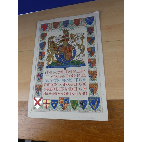 620 - An unframed hand coloured copy of the royal heraldry coats or arms, Approx 38x56cm.