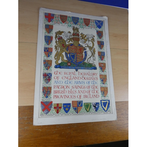 620 - An unframed hand coloured copy of the royal heraldry coats or arms, Approx 38x56cm.