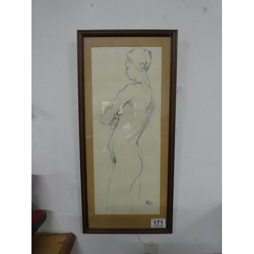 171 - A framed pencil sketch of a nude signed Frank Nelson, measuring 21cm x 57cm.