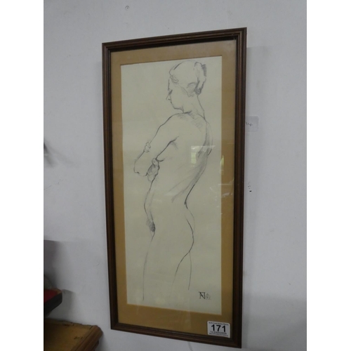 171 - A framed pencil sketch of a nude signed Frank Nelson, measuring 21cm x 57cm.