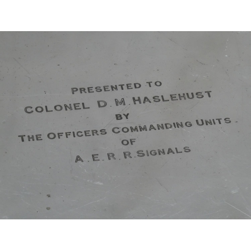 562 - An antique Lonsdale silver plated presentation tray 'Colonel D M Haslehust by the Officers Commandin... 