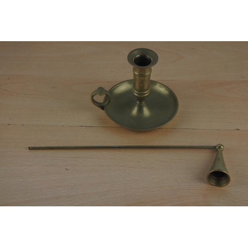 5 - A brass finger lamp and a brass candle snuffer and two flower arrangement stands.