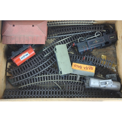 63 - A vintage 'Castle Aberdeen' wooden crate and a lot of assorted vintage train track to include Hornby... 