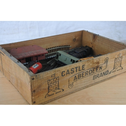 63 - A vintage 'Castle Aberdeen' wooden crate and a lot of assorted vintage train track to include Hornby... 