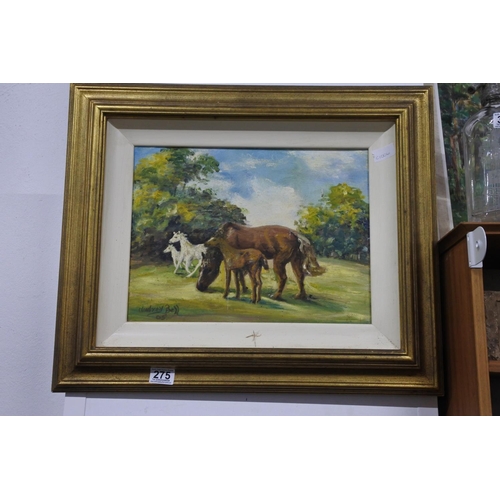 275 - A stunning gilt framed oil painting of horses signed Audrey Bell. Approx 38x47cm.