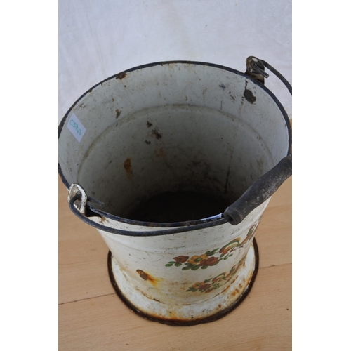 287 - A vintage white enamel water bucket with hand painted detail.