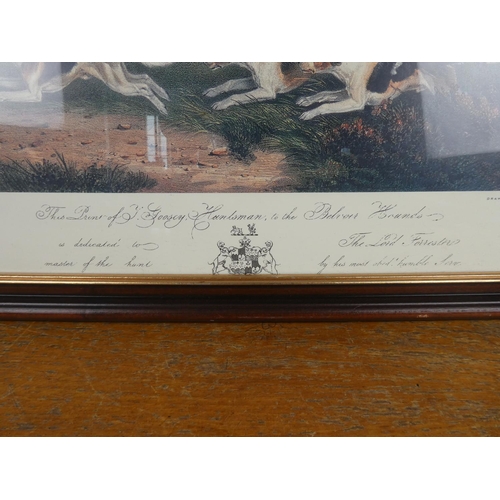 324 - A framed picture of a hunting scene. Approx 52x64cm.