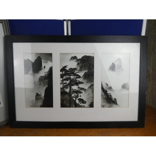 325 - A framed print of three mountain scene pictures. Approx 42x66cm. 52x77cm.