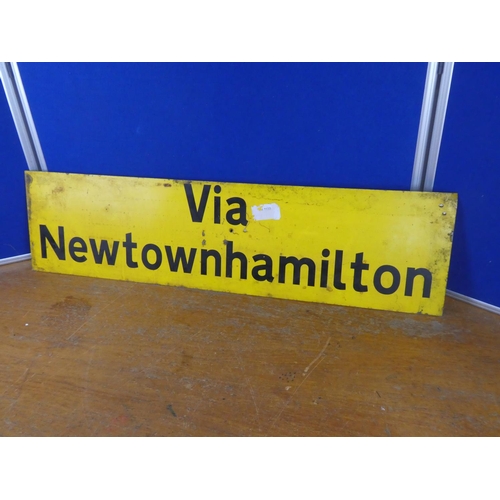 393 - A large vintage road sign 'Via Newtownhamilton' Approx 100x26cm.