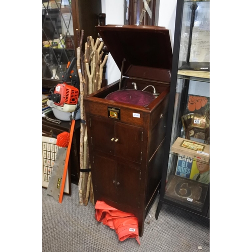 414 - A mahogany cased 'His Master's Voice' gramophone (a/f) with a box of various gramophone parts. Appro... 