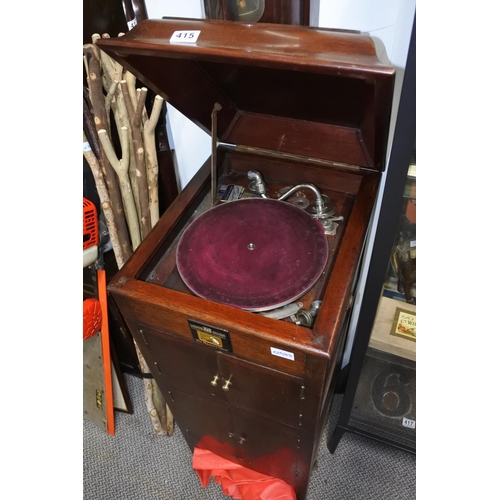 414 - A mahogany cased 'His Master's Voice' gramophone (a/f) with a box of various gramophone parts. Appro... 