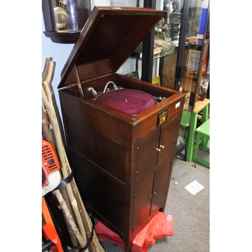 414 - A mahogany cased 'His Master's Voice' gramophone (a/f) with a box of various gramophone parts. Appro... 