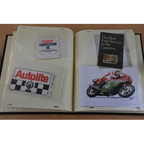 435 - An interesting folder of motorcycling memoribila to include fabric badges, photographs, a vintage ve... 