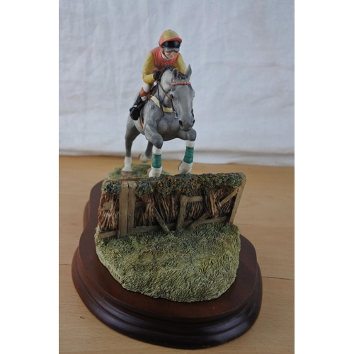 443 - A Border Fine Arts 'The Final Hurdle ' L156 race horse and rider on a wooden plaque signed Anne Wall... 