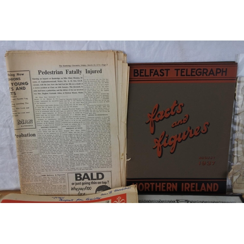 446 - An interesting lot of newspaper cuttings, a vintage Belfast Telegraph 'facts and figures August 1937... 