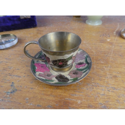 505 - A lot of brass and enamel ware, a vintage marble lighter, a magnifing glass and more.