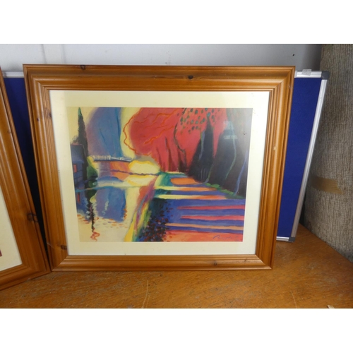 578 - A pair of pine framed pictures.  Approx  50x60cm.