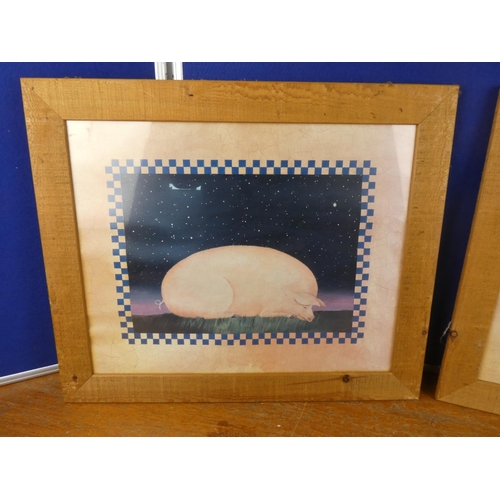 592 - A pair of framed pictures of a pig and hen.  Approx  40x50cm.