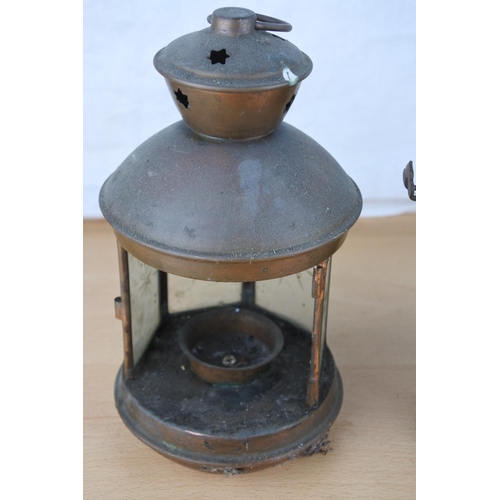 636 - An antique brass pot and a copper lantern (a/f).