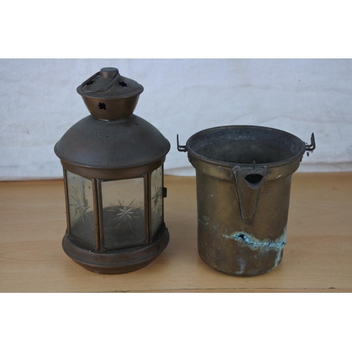 636 - An antique brass pot and a copper lantern (a/f).