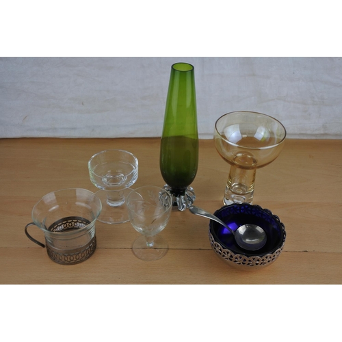 645 - A vintage green glass bud vase and other pieces.