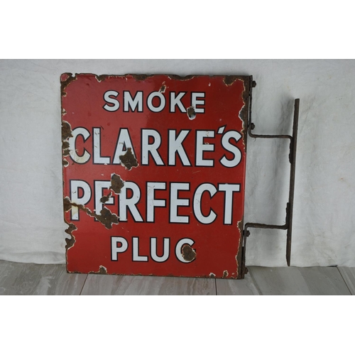 730 - A stunning double sided 'Smoke Clarke's Perfect Plug' enamel sign and bracket. approx46x51cm.