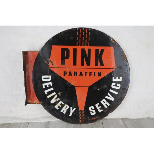 731 - A stunning double sided 'Pink Paraffin' enamel sign and bracket. approx 40cm.