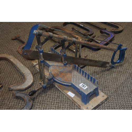 781 - A job lot of tools to include a Malleable wood clamp no 10, an angle saw and more.