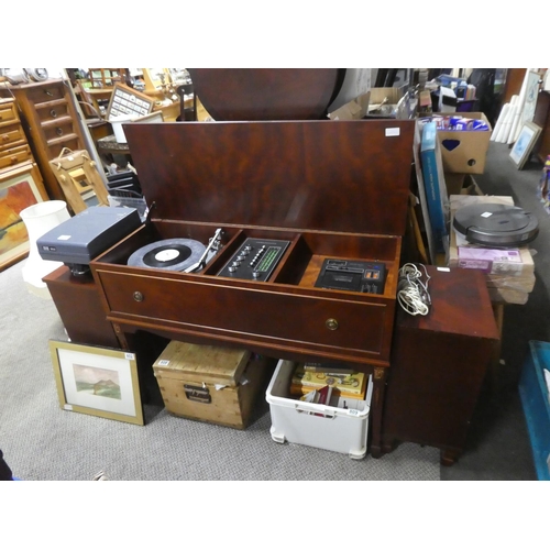 807 - An Ambassador record player and tape deck cased in a mahogany console table and two separate speaker... 