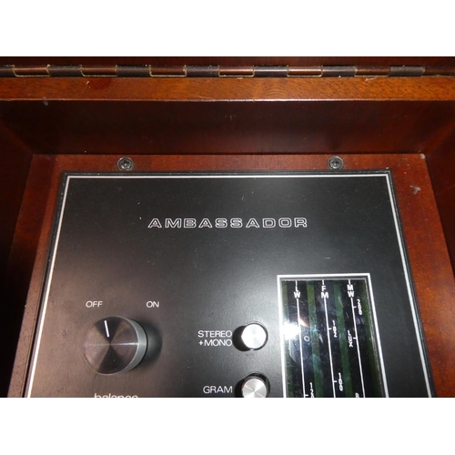 807 - An Ambassador record player and tape deck cased in a mahogany console table and two separate speaker... 