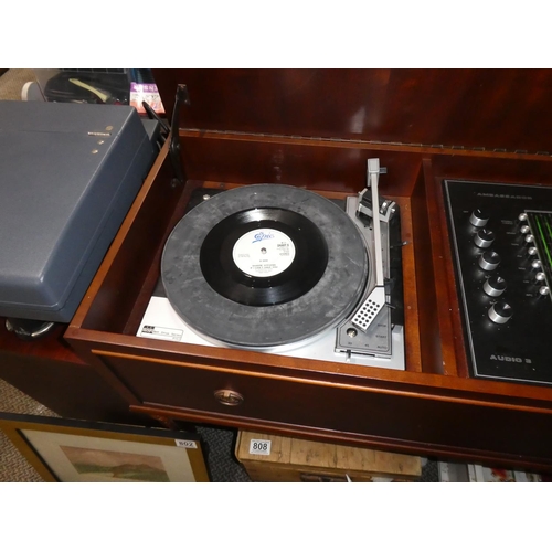 807 - An Ambassador record player and tape deck cased in a mahogany console table and two separate speaker... 