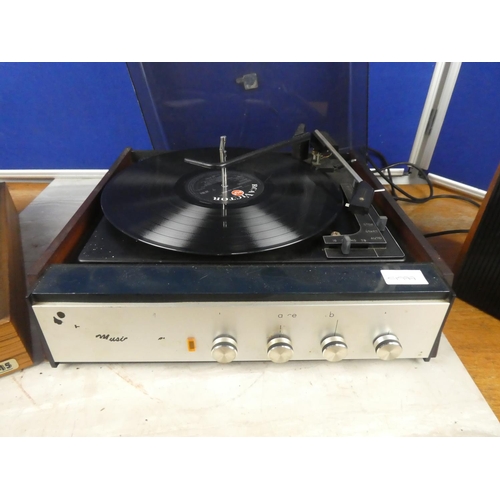 871 - A vintage Solid State record player, two Fidelity speakers and a vintage cassette Centre 45 storage ... 