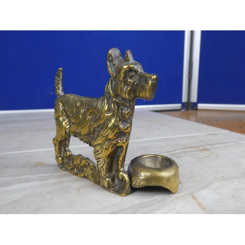 907 - A vintage brass dog ornament of a dog and bowl and another.