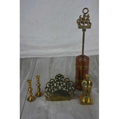 993 - A vintage brass letter holder, a pair of miniature brass candleholders and more.