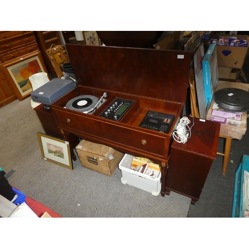 807 - An Ambassador record player and tape deck cased in a mahogany console table and two separate speaker... 