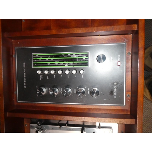 807 - An Ambassador record player and tape deck cased in a mahogany console table and two separate speaker... 