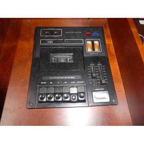 807 - An Ambassador record player and tape deck cased in a mahogany console table and two separate speaker... 