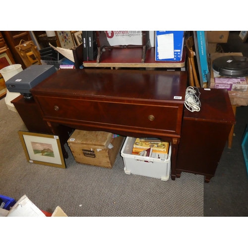 807 - An Ambassador record player and tape deck cased in a mahogany console table and two separate speaker... 