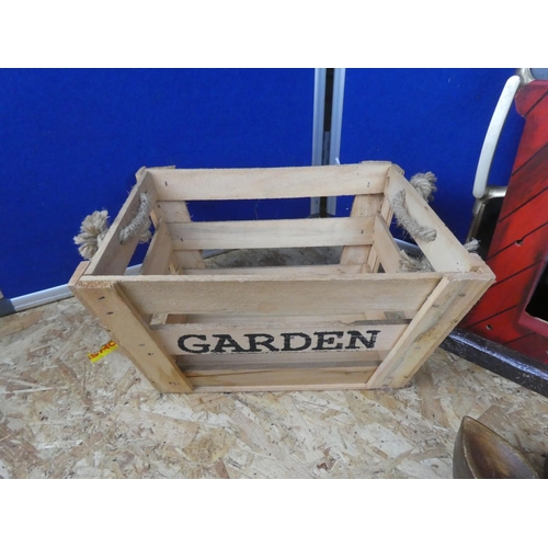 1360 - A miniature garden table, a garden crate, two handled tray and more.