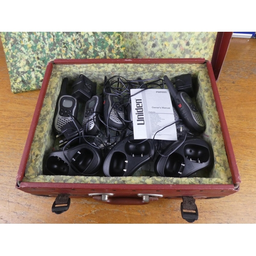 532 - A case set of six Uniden PMR885 walkie talkies and charging bases, with instruction manual.