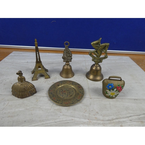 30 - A lot of vintage brass ornamental bells, Eiffel Tower and plate.