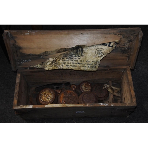 620 - An antique storage box and a large lot of various weights. Approx 53x20x19cm.