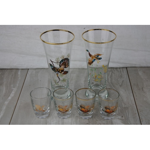 668 - Two vintage Mallard patterned glasses and four vintage pheasant patterned shot glasses.