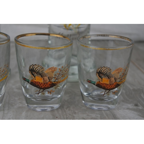 668 - Two vintage Mallard patterned glasses and four vintage pheasant patterned shot glasses.