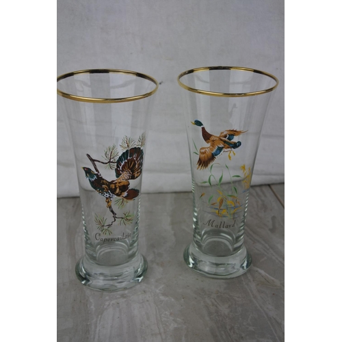 668 - Two vintage Mallard patterned glasses and four vintage pheasant patterned shot glasses.