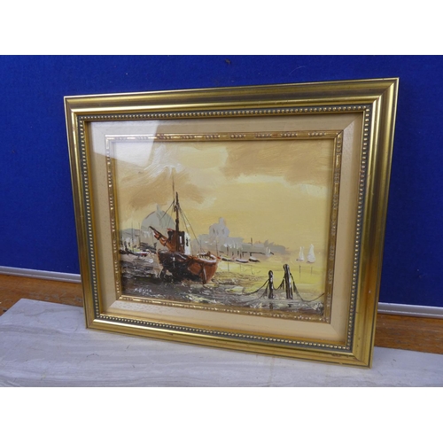 125 - A small framed oil painting of a sailing ship signed Boyce. Approx 27x33cm.